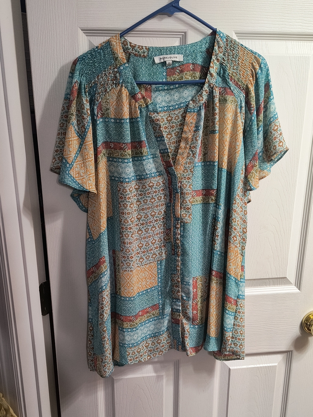 Rose+Olive Teal Patchwork Short Sleeve Blouse